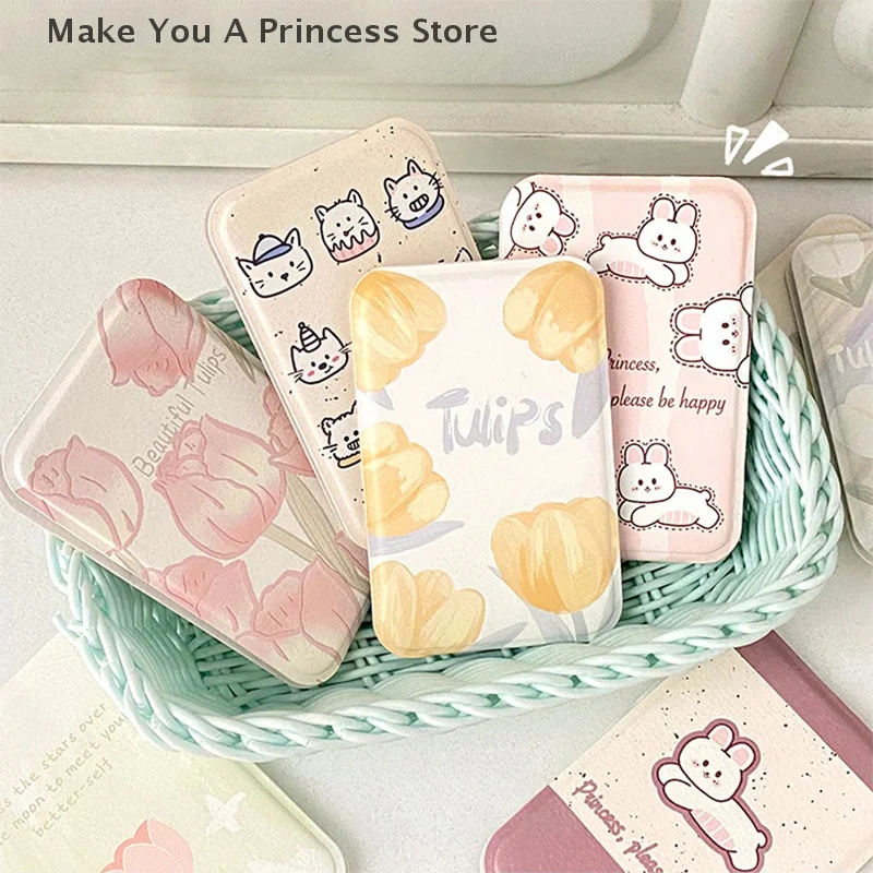 Desktop Makeup Mirror Solid Color PU Leather Simple Portable Handheld Makeup Mirror Foldable Student Compact Cute Pocket Mirror