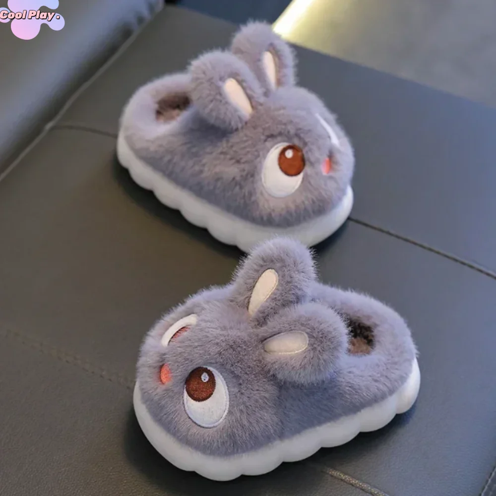 شباشب أرنب دافئة مريحة من الفرو الصناعي مضادة للانزلاق شباشب للأطفال ذات عيون كبيرة مقاومة للماء شباشب شتوية للأولاد والبنات