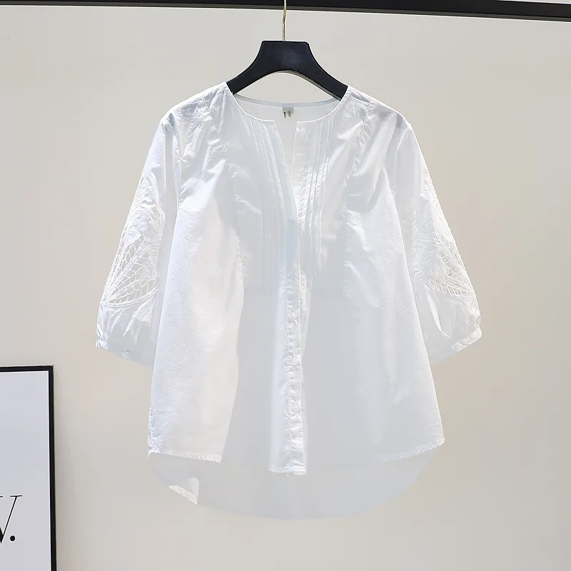 

Women's White Cotton Blouse, V-Neck Puff 3/4 Sleeve with Hollow Out Embroidery, Casual Button-Down Shirt