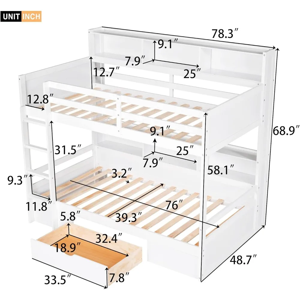 Bunk Bed, with Built-in Shelves Beside and Down Beds and Storage Drawer, with Guardrails and Ladder,Twin Size Wooden Bunk Bed