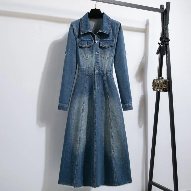 3XL Oversized Denim Shirt Dresses Long Women 2025 Autumn Winter England Style Vintage High Waist Long Sleeve Ladies Jean Dresses