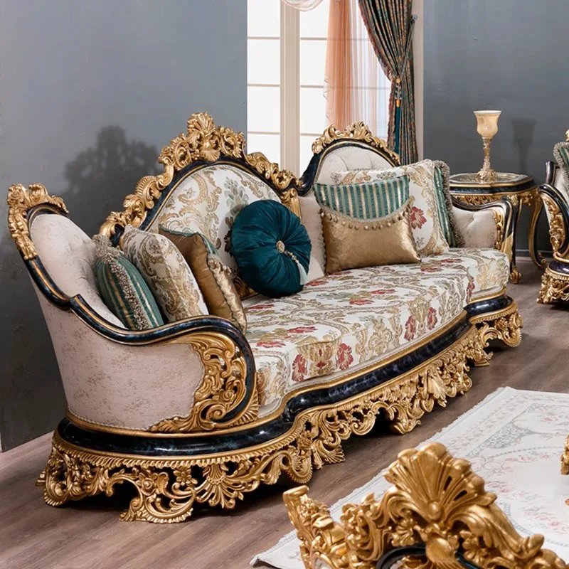 French Luxury Full Solid Wood Carving Flower Sofa European Living Room With Gold Foil  Fabric Villa High-end Sofa Set