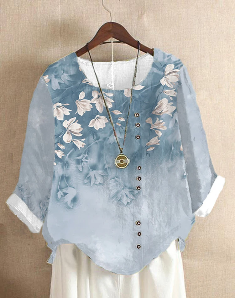 2024 Autumn AliExpress vintage cotton and linen fashion print loose casual shirt long sleeve T-shirt woman