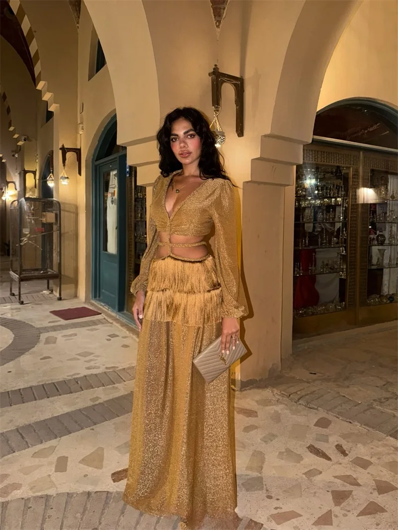 Luxury Golden Shiny Prom Dress V Neck Full Sleeves Hallow Tassel Long Party Gown Formal Bridal Wedding Birthday Evening Robe - view 2