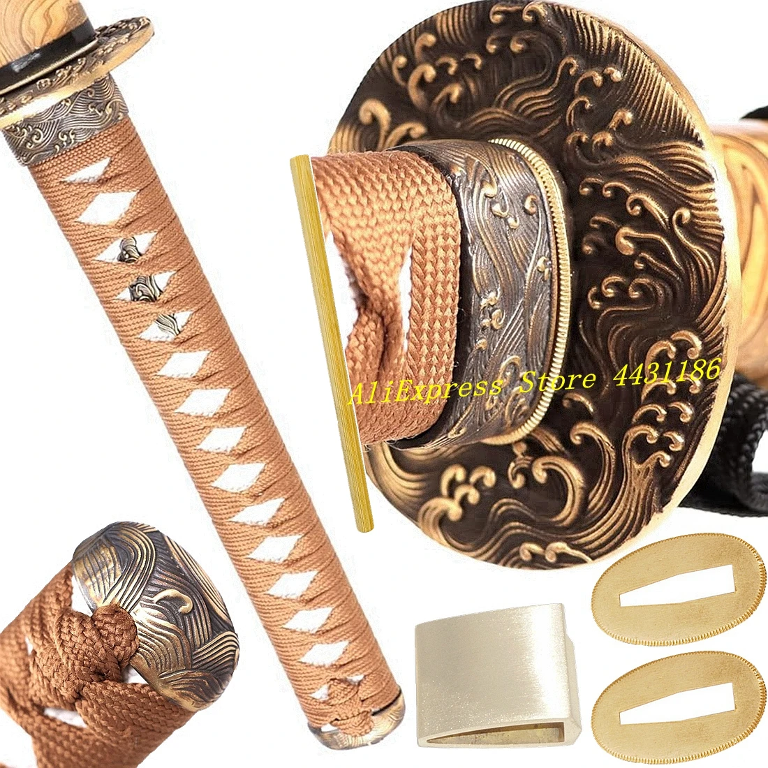 26cm alça de pele de raio real espada japonesa samurai katana conjunto de acessórios de bronze onda do mar tsuba menuki fuchi kashira habaki seppa
