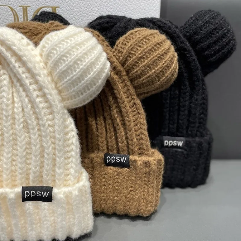 Cute Bear Ear Knitted Wool Hat Women Fashion Hooded Thick Beanies Cap Winter Warm Woolen Hats Designer Kpop Personality Bonnet