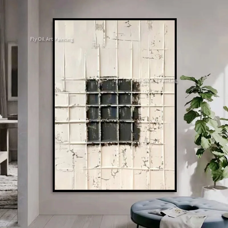 Original Artwork Black White Blocks Abstract Wall Art Items For Room Decor New Handpainted Brown Beige Canvas Thick Oil Painting