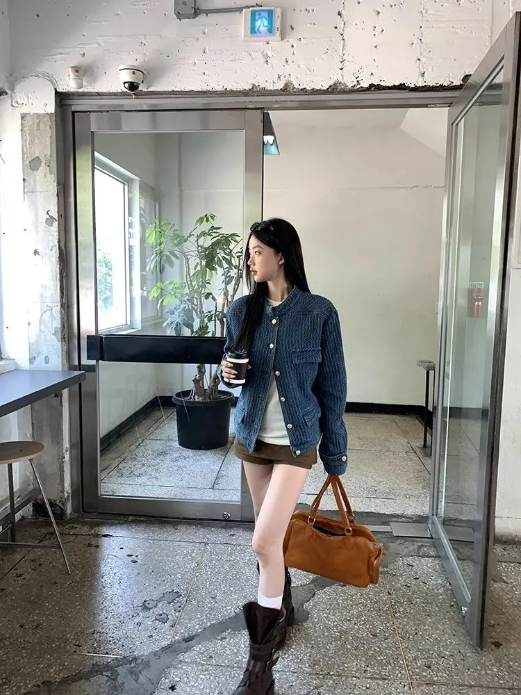 

Deeptown Vintage Blue Denim Jackets Women Old Money Aesthetic Korean Style Casual Elegant Denim Jackets Basic Gyaru Streetwear