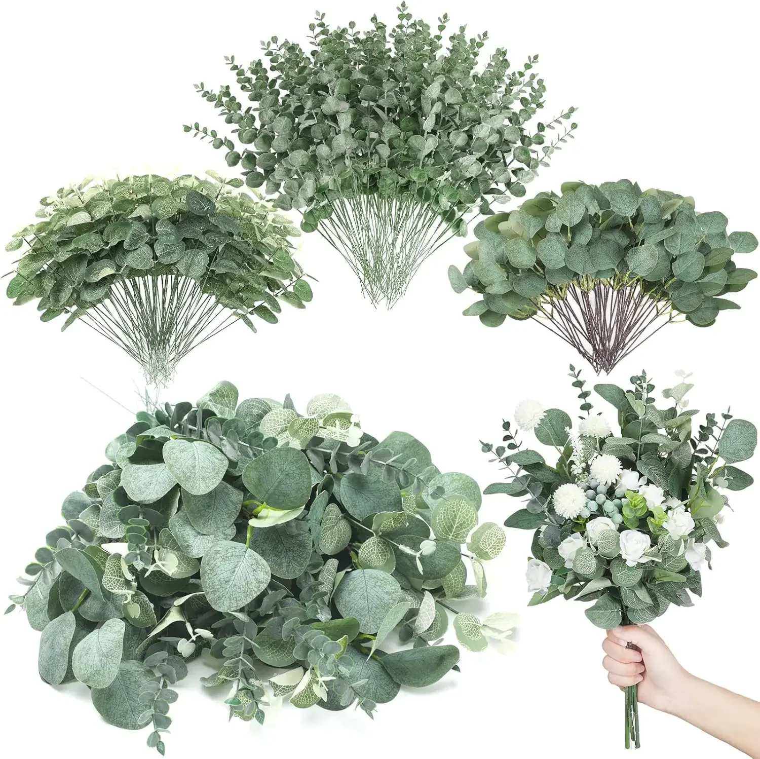 

600 Pcs 3 Kinds Mixed Eucalyptus Leaves Stems Bulk Artificial Silver Dollar Leaves Picks Dried Eucalyptus Bundle Faux Spray