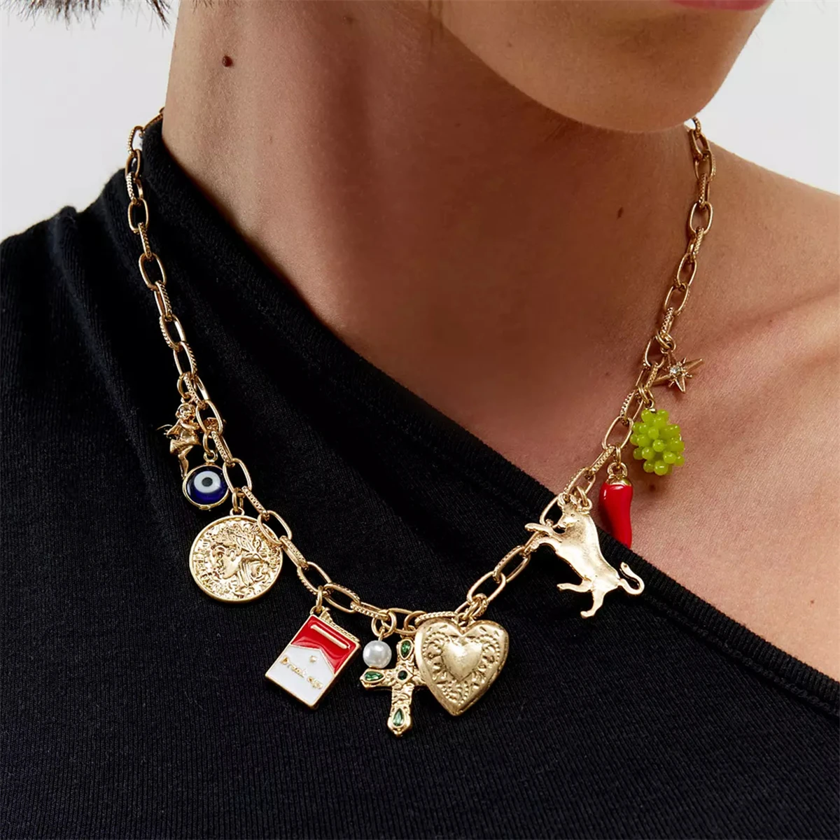 Western Series Retro Love Cross DIY Pendant Handmade Accessories Eye Portrait Chili Gold Plated Color Preserved