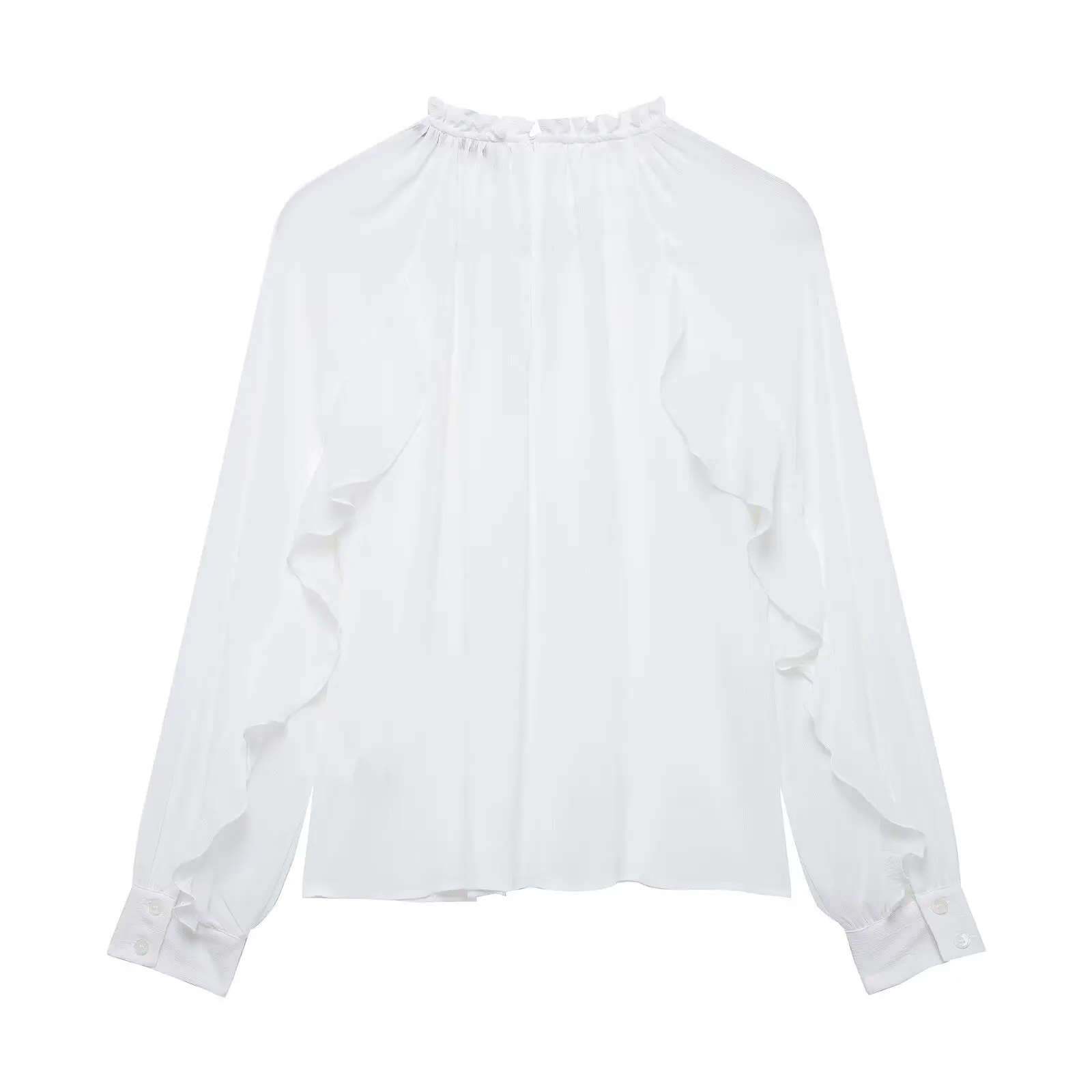 Taop&Za Women Fashionable Long Sleeve White Blouse with Exquisite Ruffled Detailing and Unique Stand Collar Design