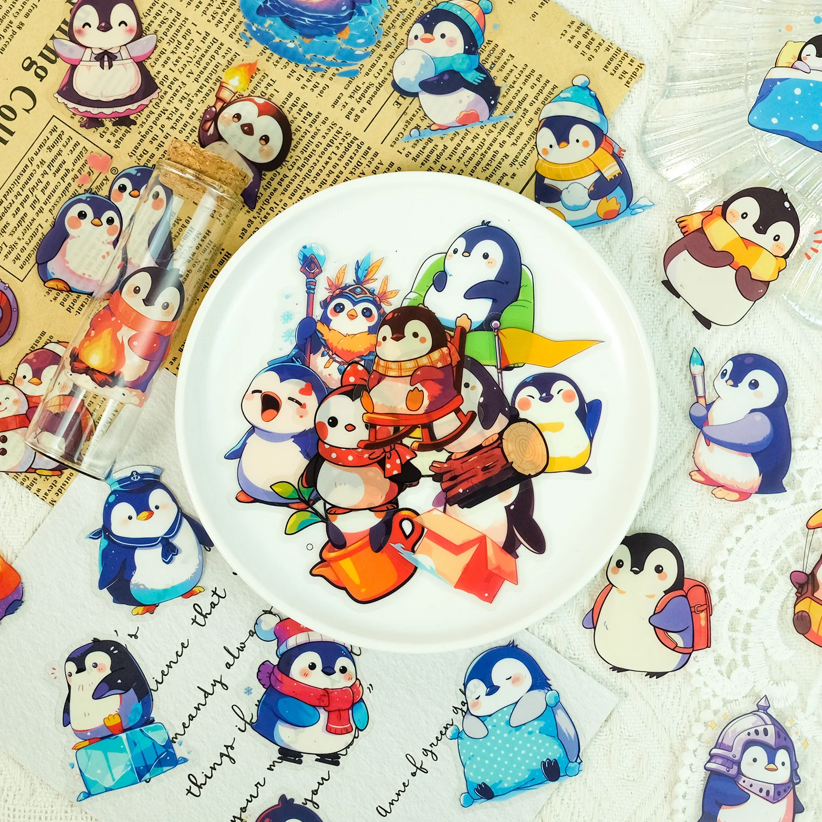 5PCS Cute Penguin PET Cartoon Waterproof Stickers, Decoration Luggage Notebook Laptop Window Sticker Decals