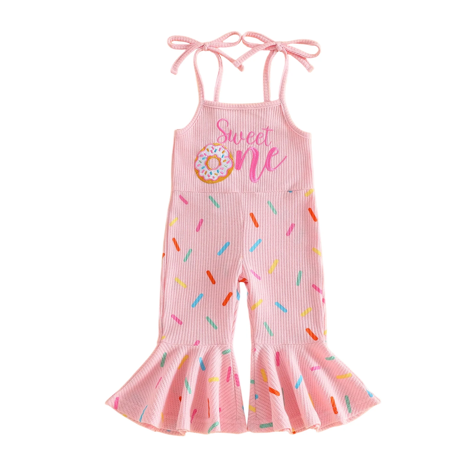 Baby Girl Birthday Romper Letter Embroidery Tie up Strap Flared Jumpsuit for Newborn Toddler Cute Clothes