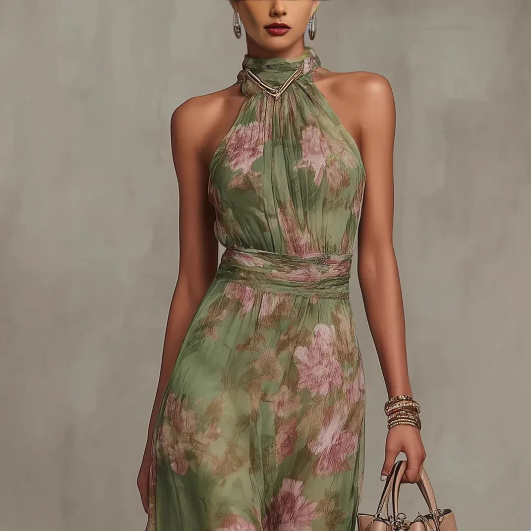 2026 Women's New Summer Style Pleated Mesh Printed Irregular Slit Sexy Halterneck Hip-covering Dress Long Skirt for Women view 4