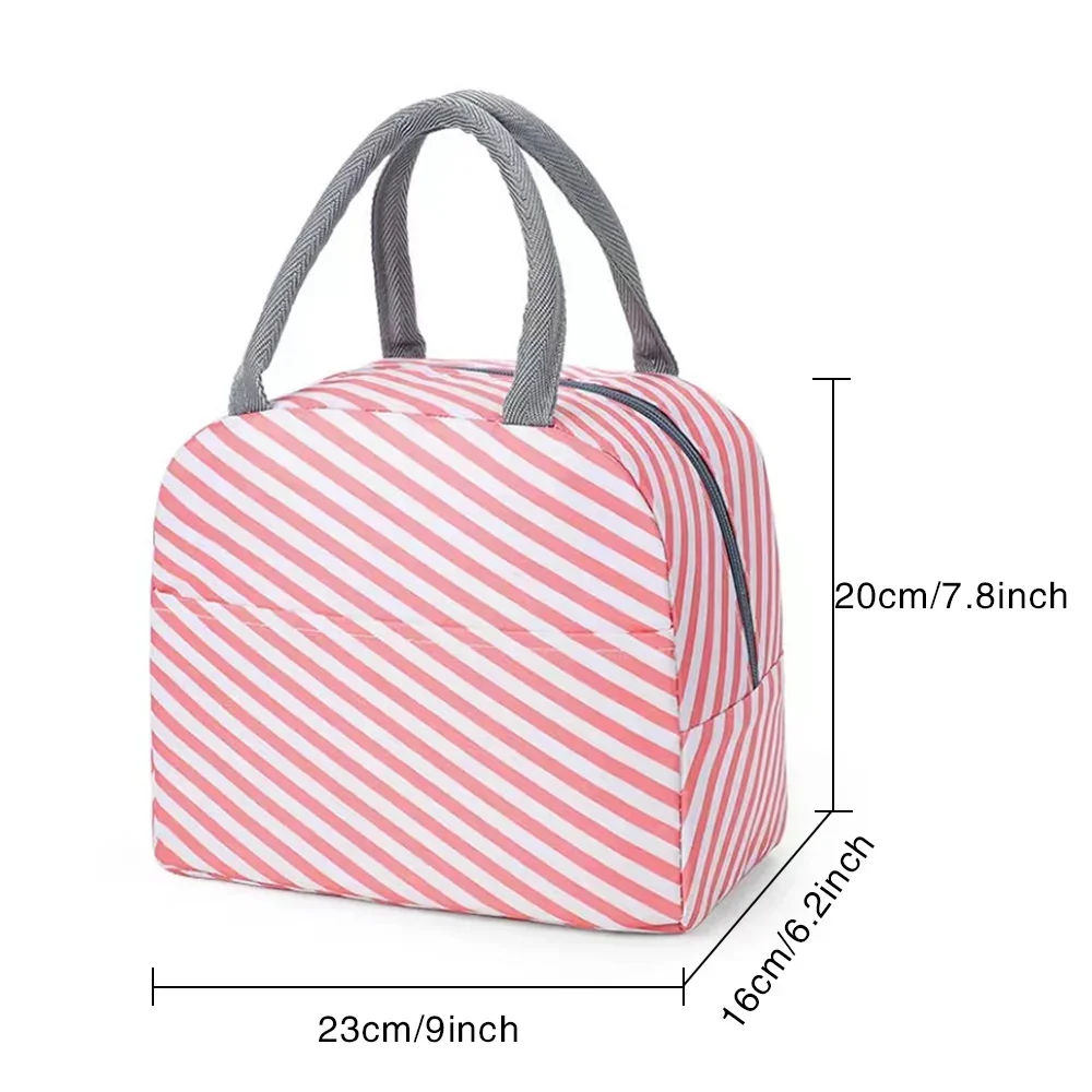 Thermal Lunch Bag for Kids & Girl Multi-size Pink Stripe Lunch Box Bag Shoulder Waterproof Wreath Printing