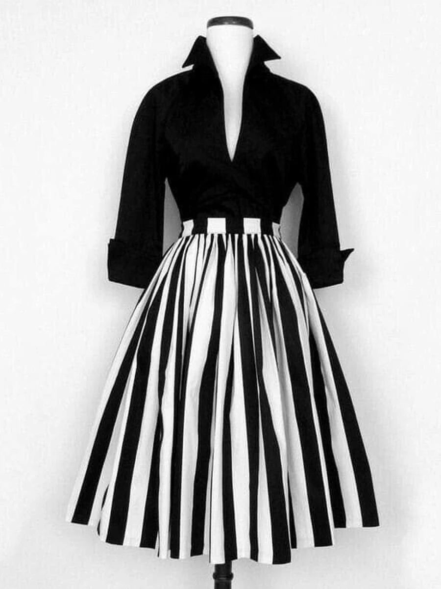 Women Vintage Swing Midi Dress Black White Striped Patchwork Turndown Collar Long Sleeve Elegant High Waist Shirts Dresses