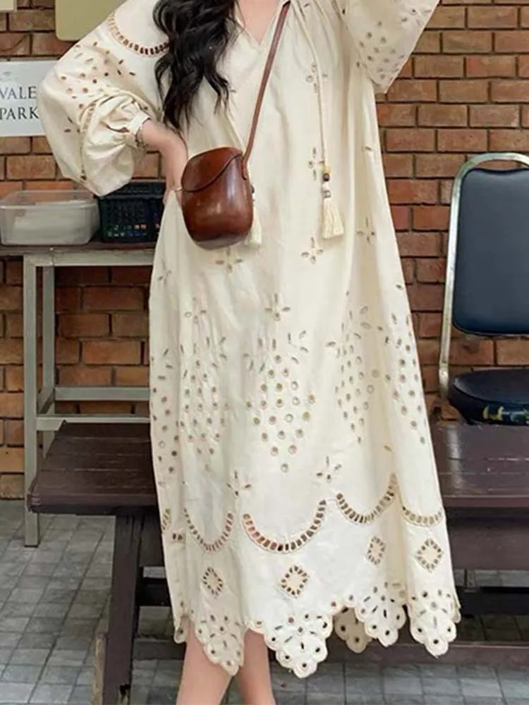 Boho Hollow Out Dress Women Casual Loose Long Sleeve V Neck Dress Female Autumn Korean Style Vintage Fashion Tassel Long Dresses