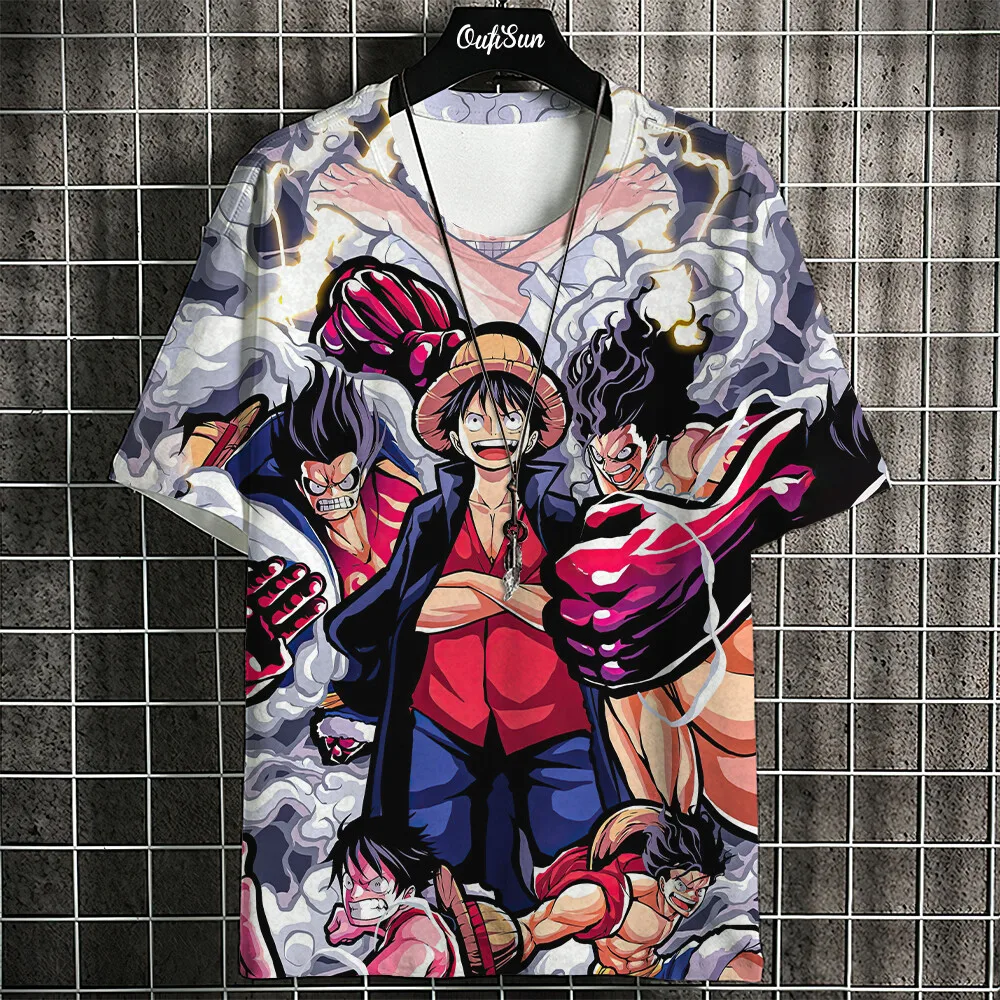 One Piece Luffy Gear 5 & Crew bedrukt T-shirt, met levendig anime-personageontwerp, perfect voor streetwear, anime-evenementen