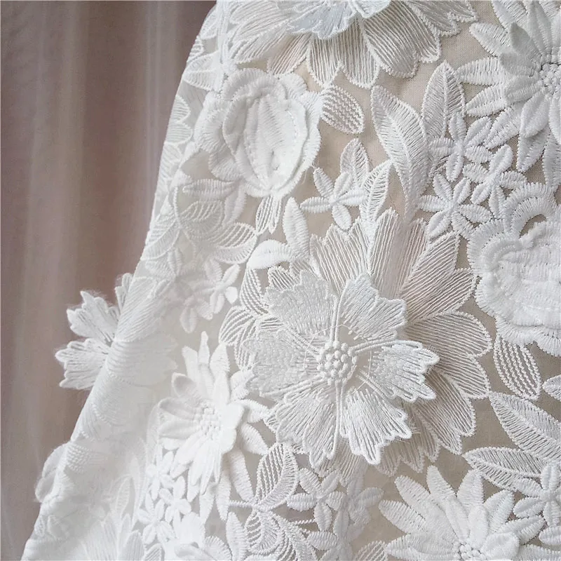 DIY NEW 3D white Milk Silk yarn lace fabric  beaded embroidered cloth for wedding dress / curtains DIY 1order=1 yard