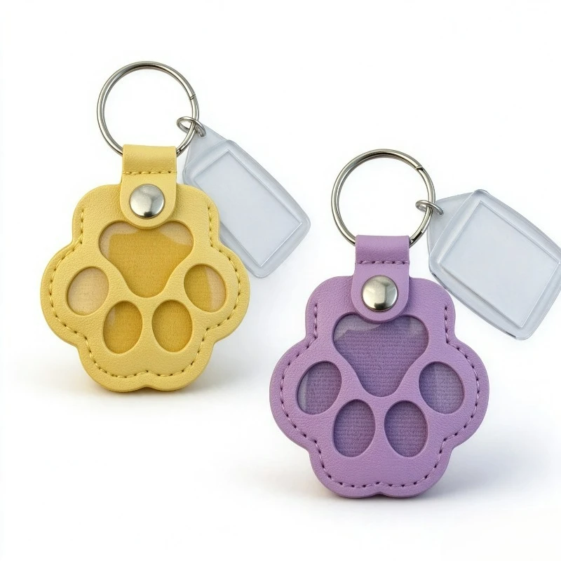 PU Leather Paw Print Pet Memorial Keychain Can Store Pet Hair with Photo Insert Clear Photo Frame Keyring Gift for Pet Lovers