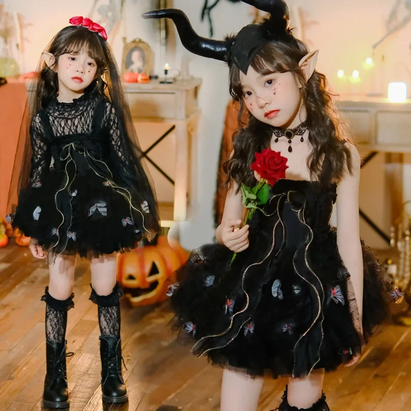 Lolita gótica oscura malvada para niños, espectáculo de moda, Harajuku, fantasma, novia, niña, juego de rol, bruja, mariposa, vestido de elfo