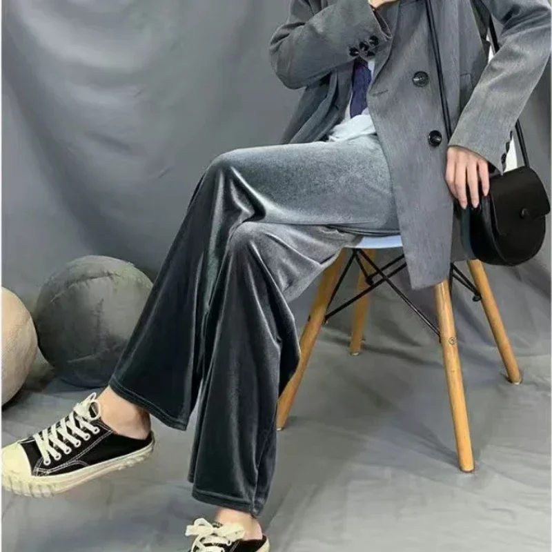 2024 Winter Velvet Trousers,Korean Fashion Women Autunm High Waist Streewear Casual Velour Pants Black Spodnie Damskie