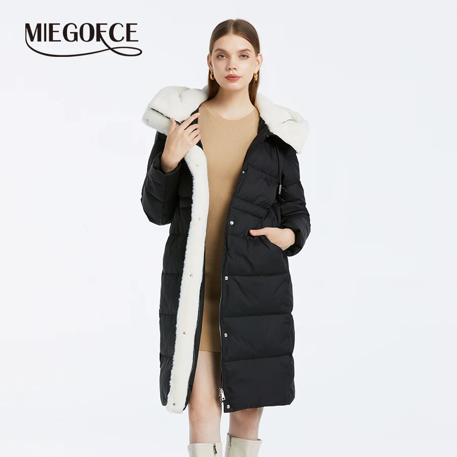 MIEGOFCE 2024 Winter Collection Simple Long Coat  Hooded Windproof Jacket Women's Faux Fur Stitching Design Casual Parka D23736