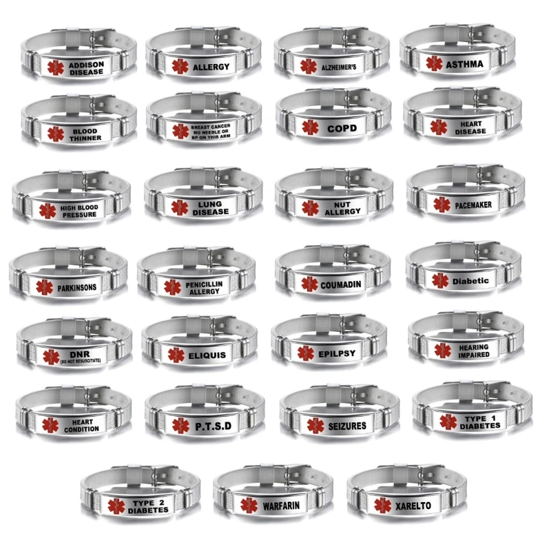 Stainless Steel Medical Alert IDs Cuff Bangle Emergency Medical Bracelets Adjustable Wristband for Men Women Durable