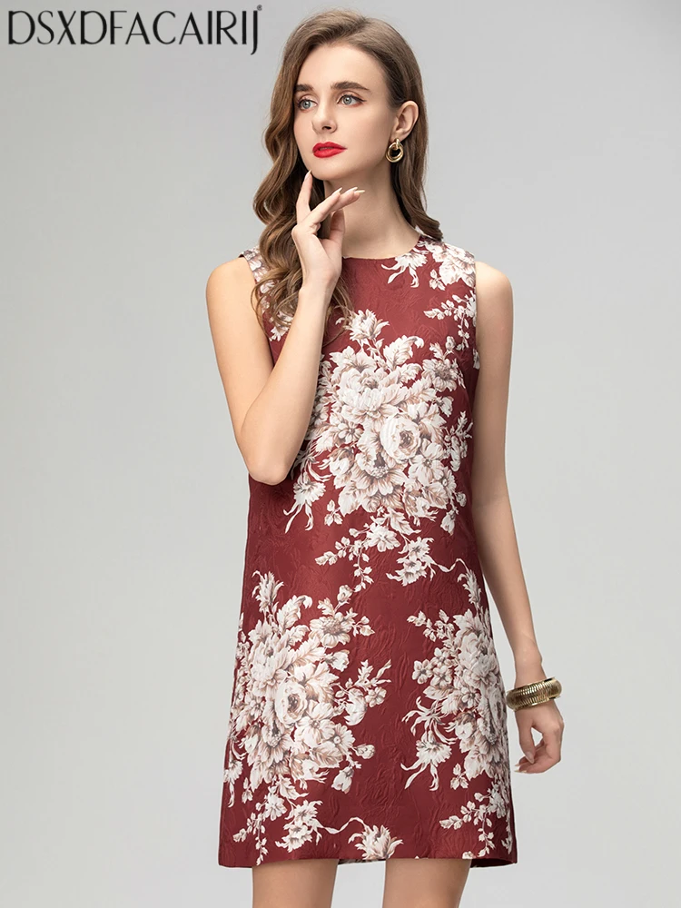 DSXDFACAIRIJ فستان نسائي قصير بدون أكمام برقبة دائرية وطباعة عتيقة فساتين أزياء الخريف #3