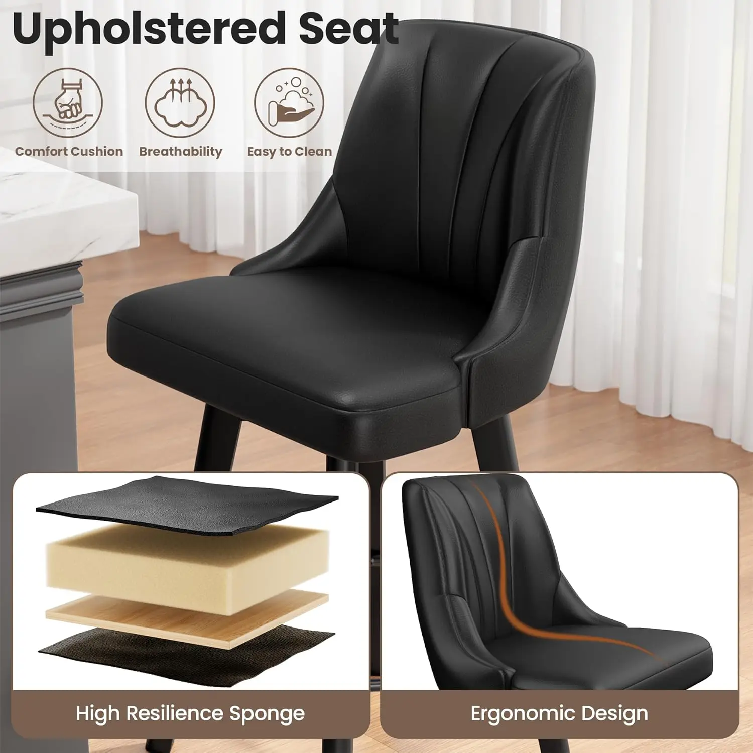 Counter Height Swivel Bar Stool Set of 3, Black Upholstered PU Leather with Back & Solid Wood Legs