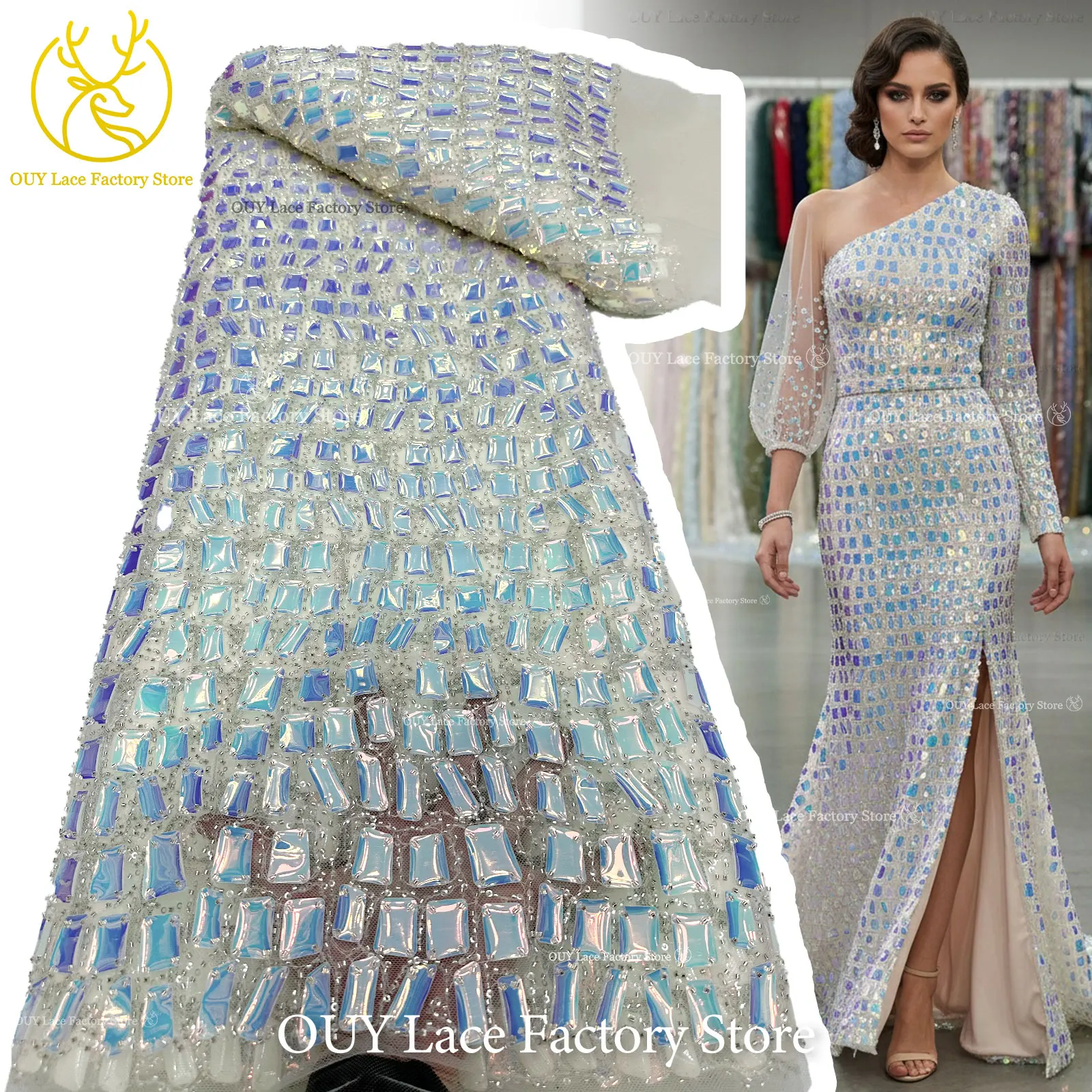 Gold Luxury African Sequins Lace Fabric High Quality Nigerian French Beaded Tulle Lace Fabric For Wedding Dress Sewing 5 Yards