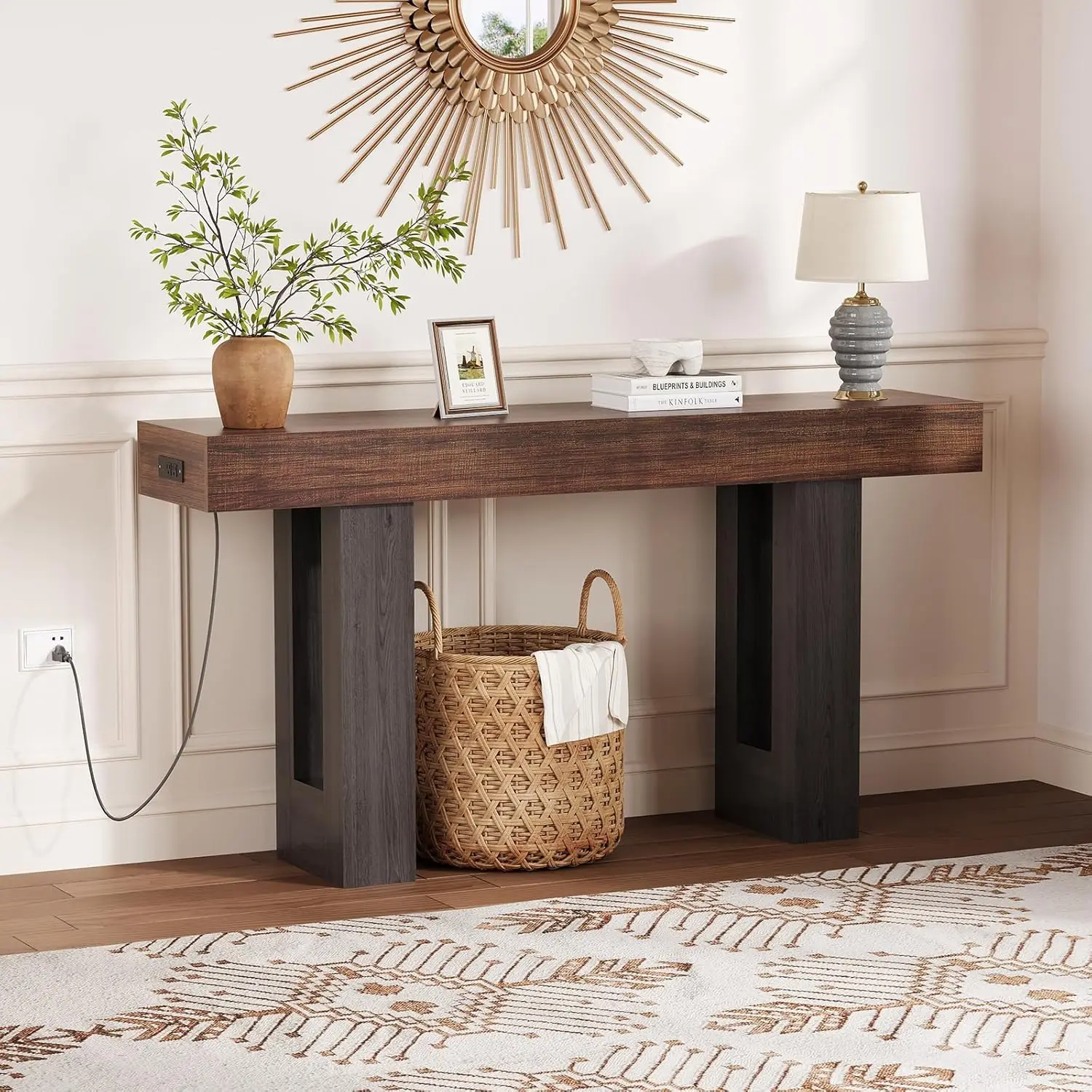 63-Inch Long Console Table, Farmhouse Wood Sofa Table Behind Couch Tables, USB & Type c Ports, Entryway Table Accent Table for Living Room, Entrance, Hallway image 5