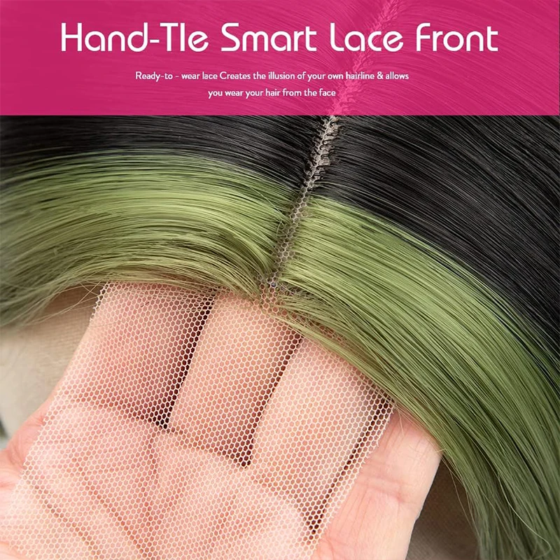 28 inch High Gloss Green Wavy Lace Front Wig, Middle Parted Wavy Synthetic Wig Lace Front Wig