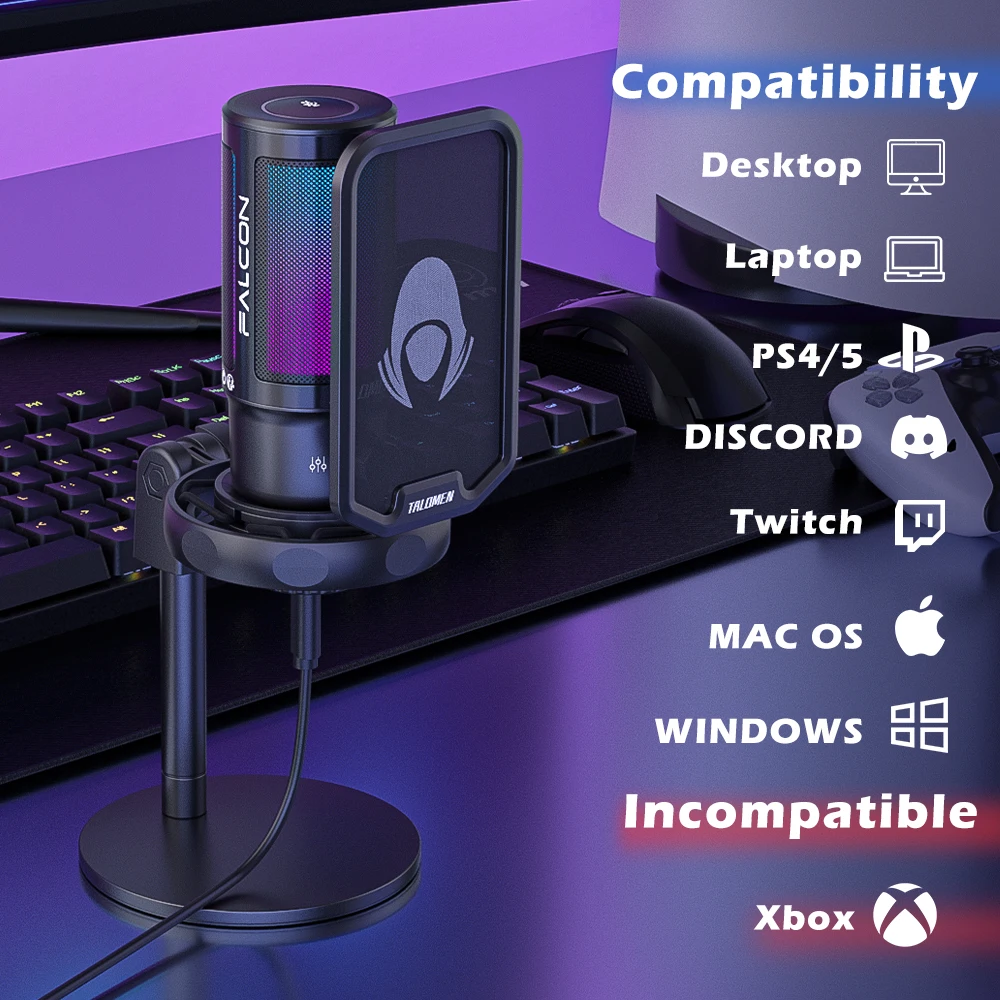 Microfono da gioco USB talomen per PC, PS4/PS5, microfono a condensatore RGB con muto rapido, controllo del guadagno, F8