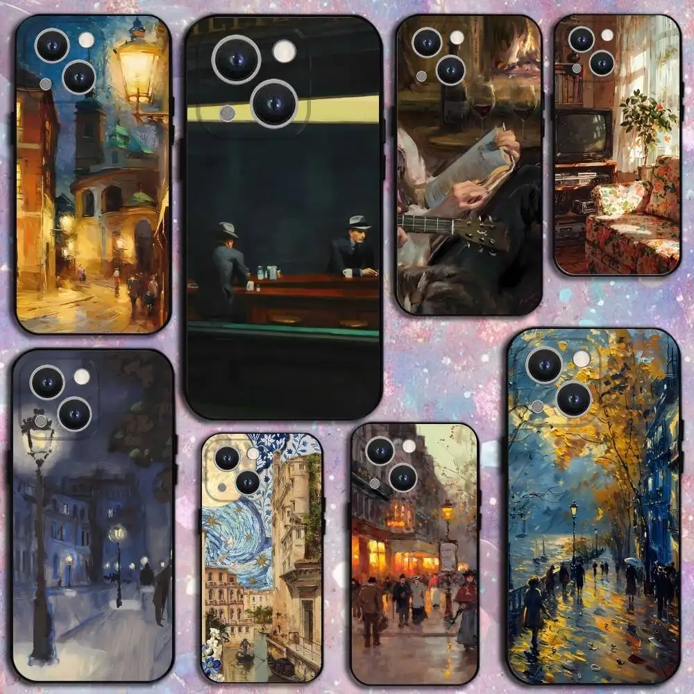 

Autumn Retro Oil Painting Phone Case For iPhone 17,16,15,14,13,12,11 Plus,Pro Max,XS,X,XR,SE,Mini,8,7,Soft Silicone Black Cover