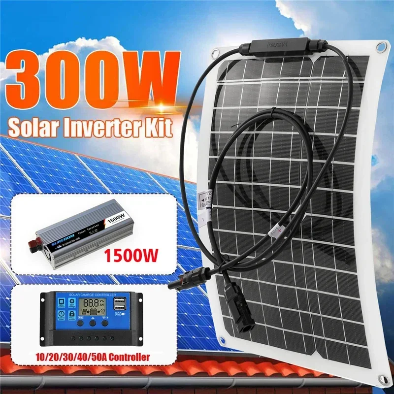 Système d'alimentation solaire, 110V/220V, 300W, panneau solaire avec contrôleur 100A, onduleur 1500W, kit de production d'énergie, réseau domestique, camp