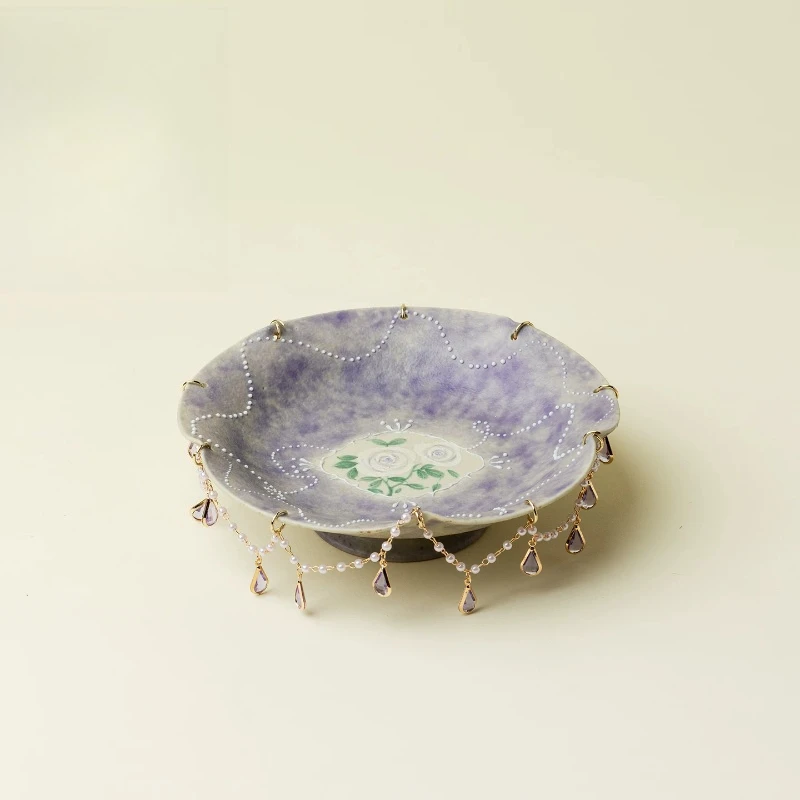 Smoked purple hand-painted rose pot bearing ceramic dry bubble tray fringed pearl chain decorative tea tray