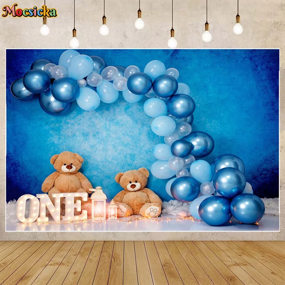 Mocsicka Jungen 1. Geburtstag Hintergrund Fotografie Blaue Wand Bär Ballon Baby Erste Kuchen Zerschlagen Party Hintergrund Foto Studio Requisiten