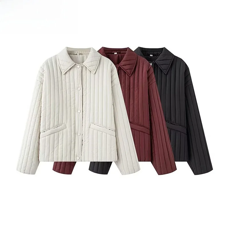 Herbst Neue Damen Baumwolle Jaet Herz Aped Button Dekorativ 2025, SLE Warm Long Sve Flip Collar Mantel Polyesterfaser