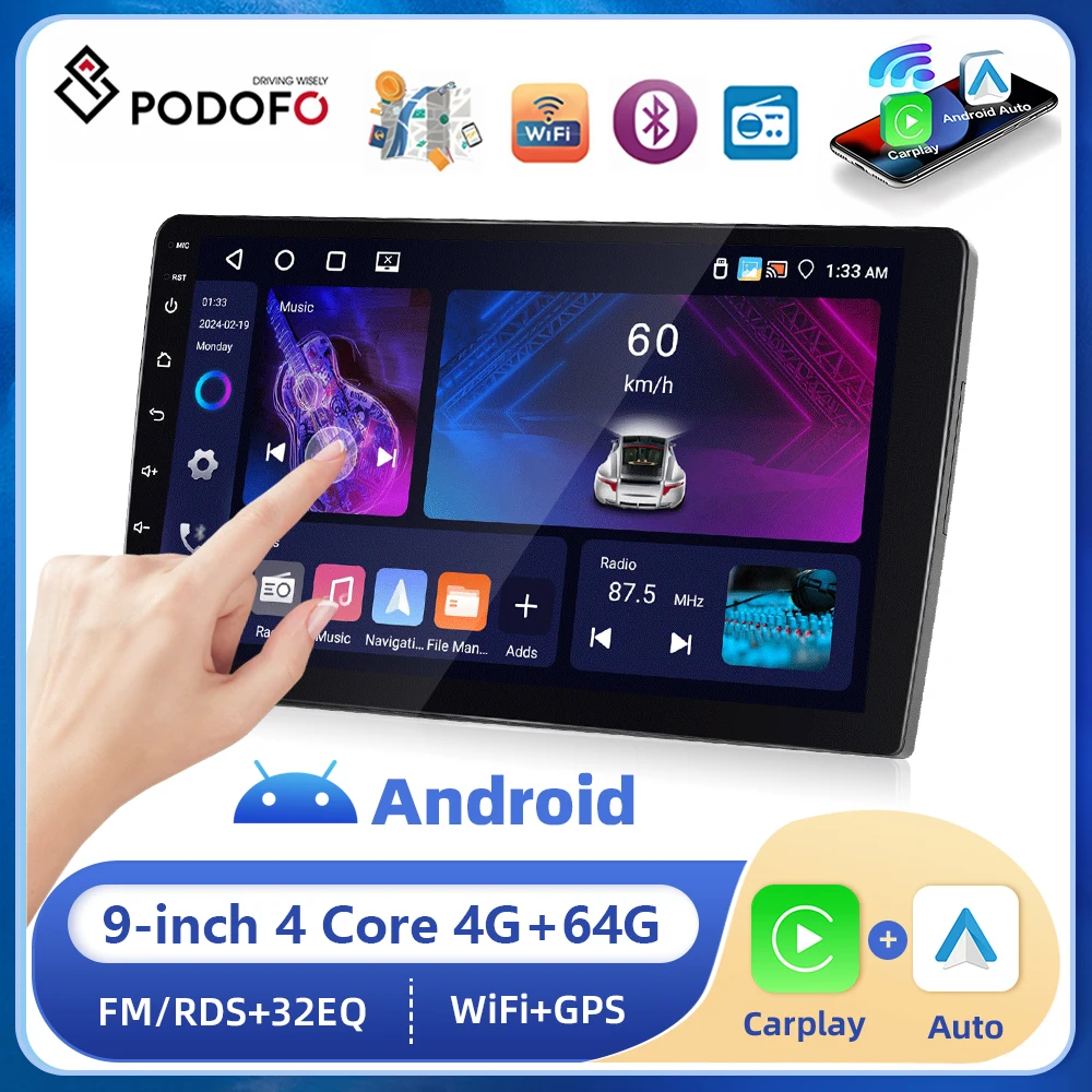 Podofo 2Din 9”Android Car GPS Radio For Universal 4+64G IPS Screen Wireless Carplay Android auto WIFI FM Radio EQ Multiple UI