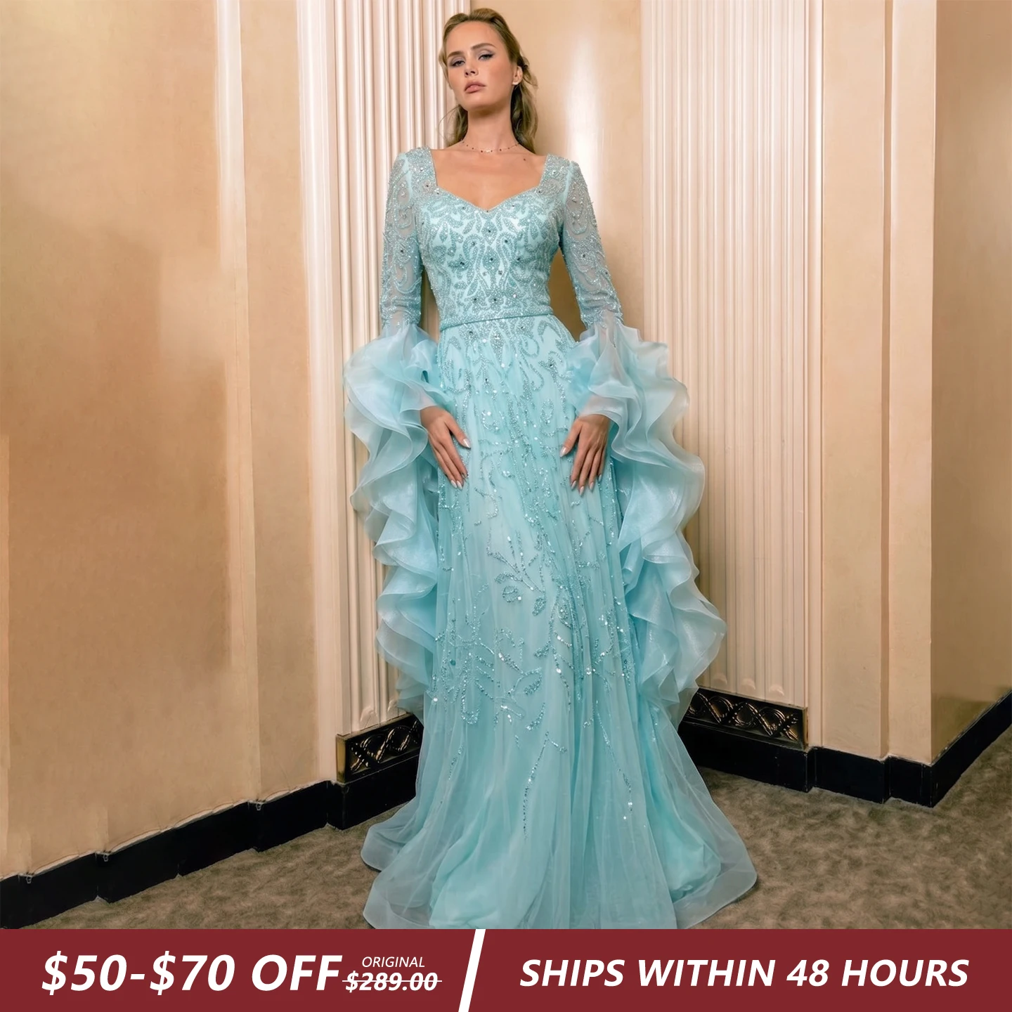 Sharon Said Aqua Beaded A-Line Evening Dress