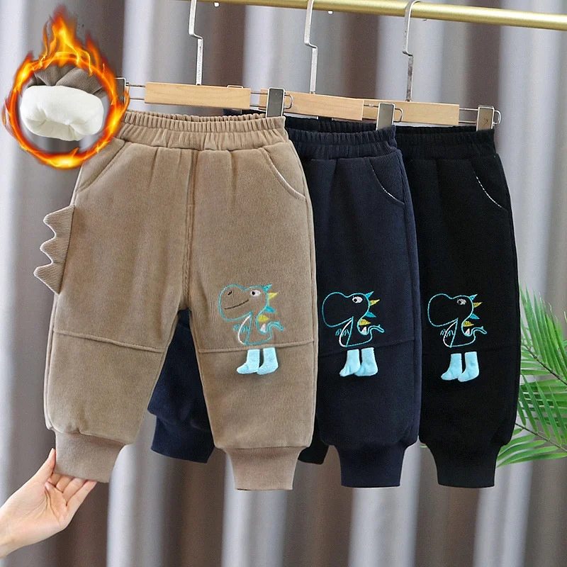 

Dinosaur Cartoon 1-5Y Boys Pants Winter Warm Lining Thickened Cotton Trousers Toddler Kids Casual Sport Long Pants