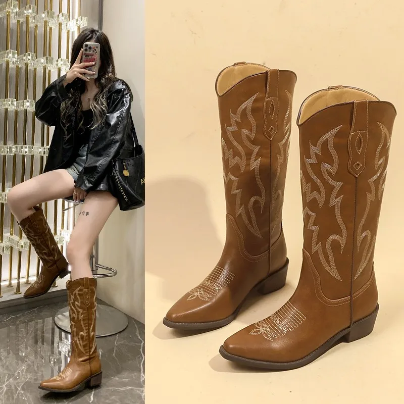 

New Fashion Women Cowboy Boots Fashion Square Thick Heels Ladies Elegant Slip on Long Booties Autumn Embroidery Women's Footwear