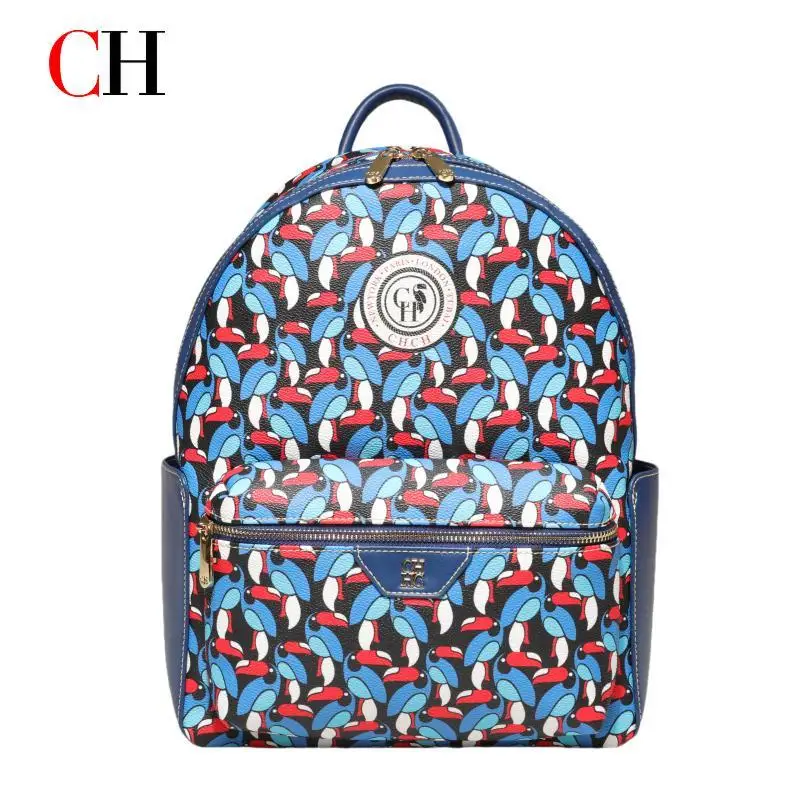CH Luxury Women Backpack PU Leather Monogram Large Capacity Travel School Daily Fashion Designer Style Red Trim - view 4