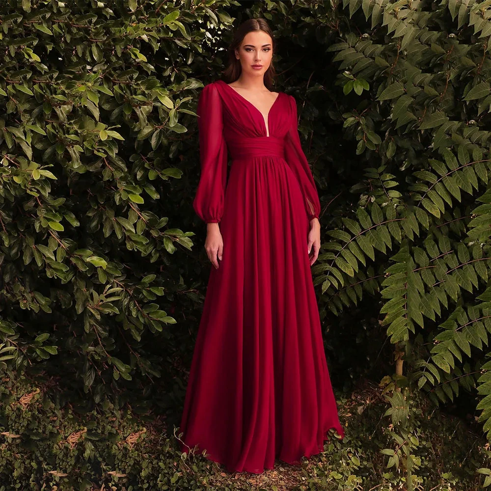 

Chiffon V Neck Elegant Evening Dresses 2023 Newest Pleated Empire Waist Full Sleeves A Line Formal Prom Party Gowns Floor Length