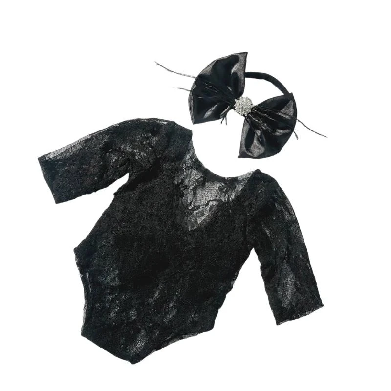 

J15U Lace & Baby Costume Baby Outfit Romper Headwear for Special Photo Event