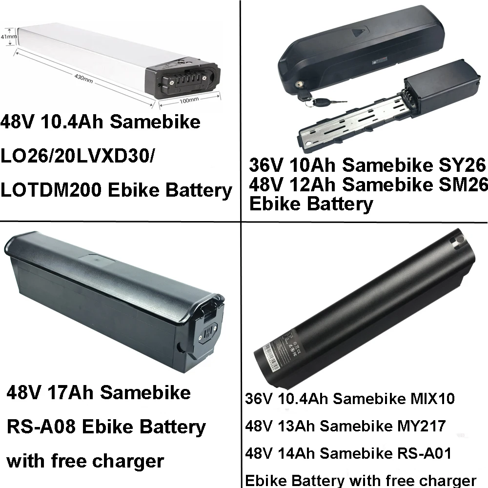 Long Ride 36V 48V 10Ah 10.4Ah 17Ah Electric Bike Battery Samebike LO26 20LVXD30 LOTDM200 SY26 SM26 MY275 MIX10 RS-A01 RS-A08