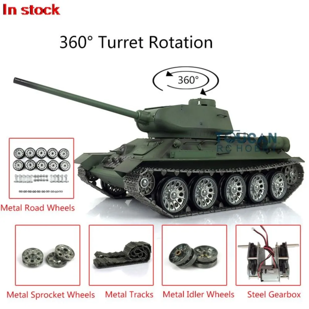 US Stock Heng Long 1:16 7.0 Soviet T34-85 Remote Control RC Tank 3909 360° Metal Wheels Barrel Recoil Function Military Car Panzer Toys for Boys