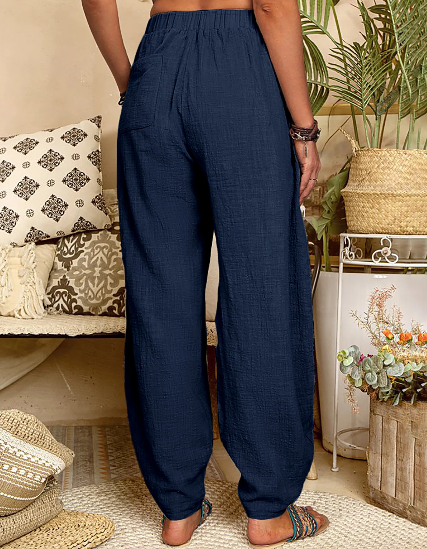 Damenmode Boho Haremshose Lässige Weite Hose mit Elastischem Bund und Seitentaschen in Unifarbe für den Alltag – Detail 2