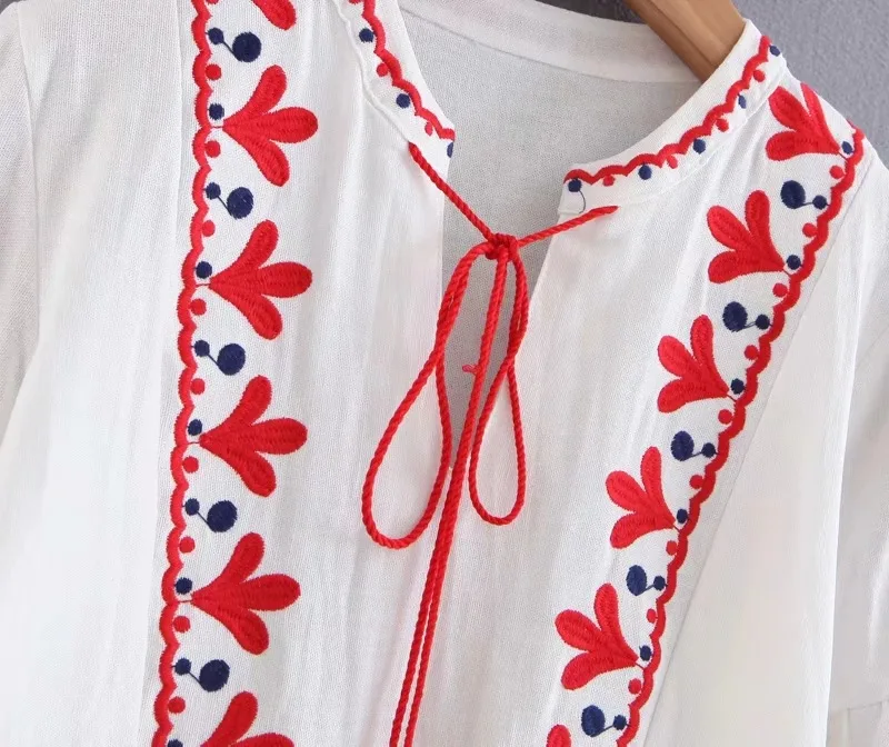 Spring Autumn Vacation Tourism Bow Tie Neck Dress Women Loose Elegant Ethnic Lantern Sleeve Cute Embroidered Floral Cute Dresses